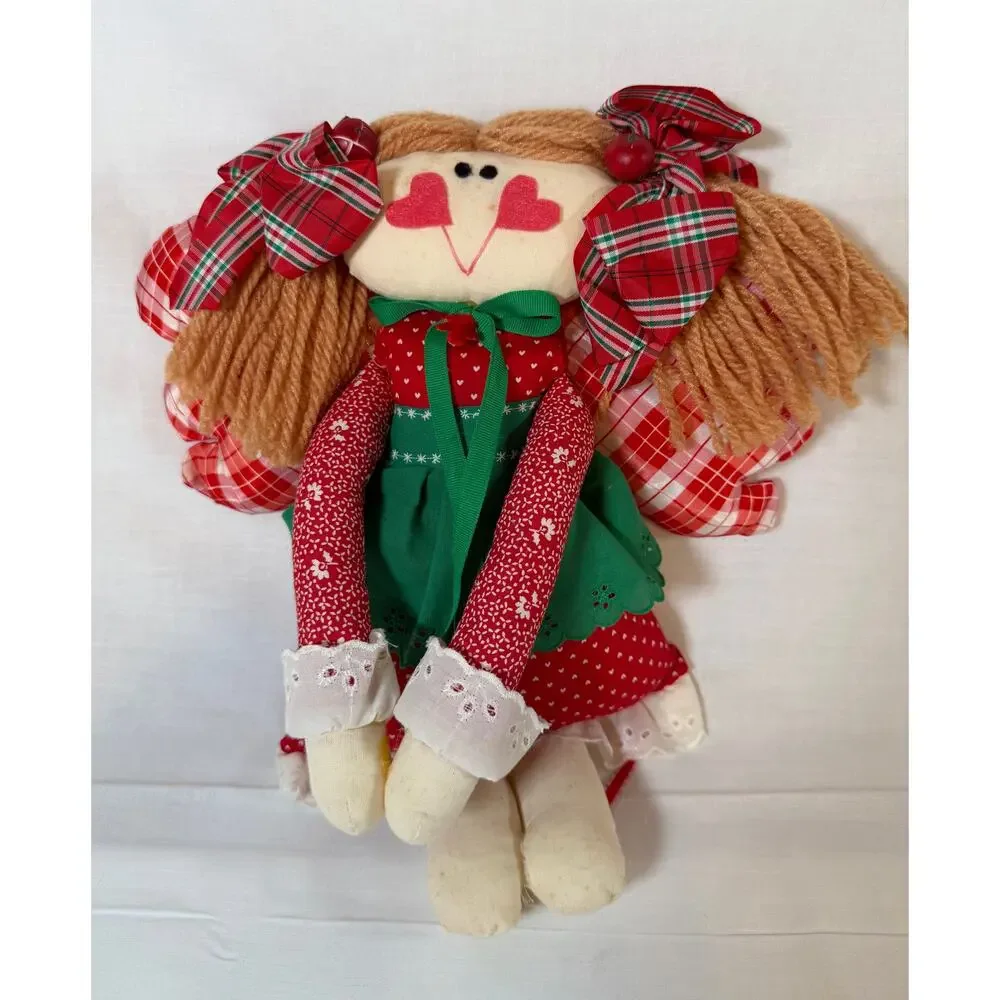 Handmade Christmas Angel Rag Doll with Plaid Wings, Vintage-Style Holiday Decor